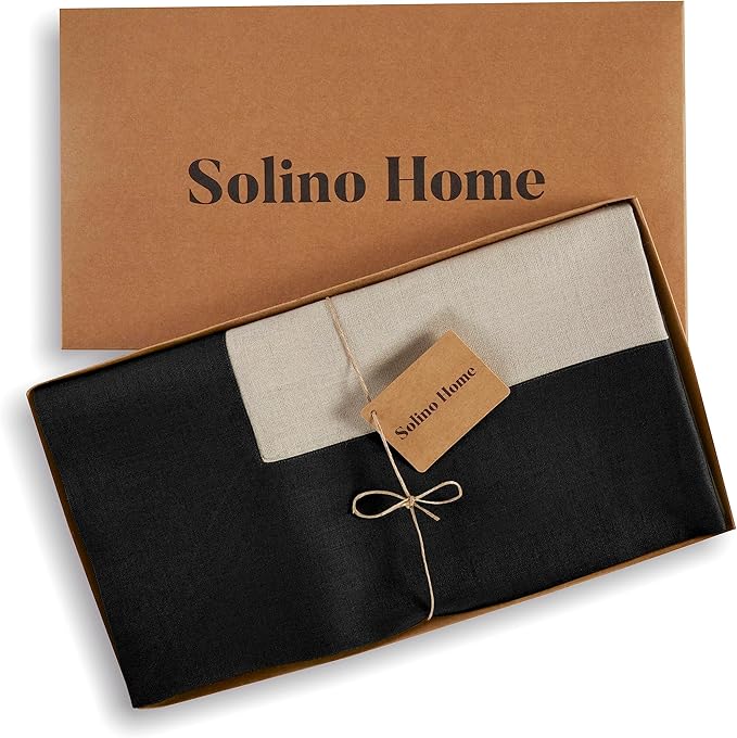 Solino Home Linen Tablecloth 60 x 120 Inch - 100% Pure Linen Black and Natural Rectangular Tablecloth - Machine Washable Table Cloth for Winter - Contempo
