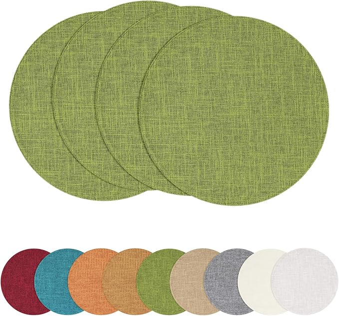 homing 15 Inch Round Cloth Placemats Set of 4, Cotton Linen Blend Washable Table Mats, Farmhouse Dining Place Mats for Indoors & Outdoors, Easy to Clean, Grass Green