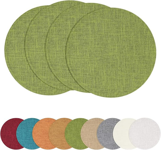 homing 15 Inch Round Cloth Placemats Set of 4, Cotton Linen Blend Washable Table Mats, Farmhouse Dining Place Mats for Indoors & Outdoors, Easy to Clean, Grass Green