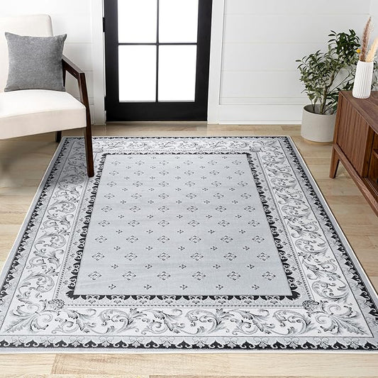 JONATHAN Y Acanthus French Border Light Gray/Cream Indoor Area Rug, 4x6, Vintage, Bohemian, Easy-Cleaning for Living Room, Bedroom, Kitchen, Pet Friendly, Non-Shedding (MDP504F-4)
