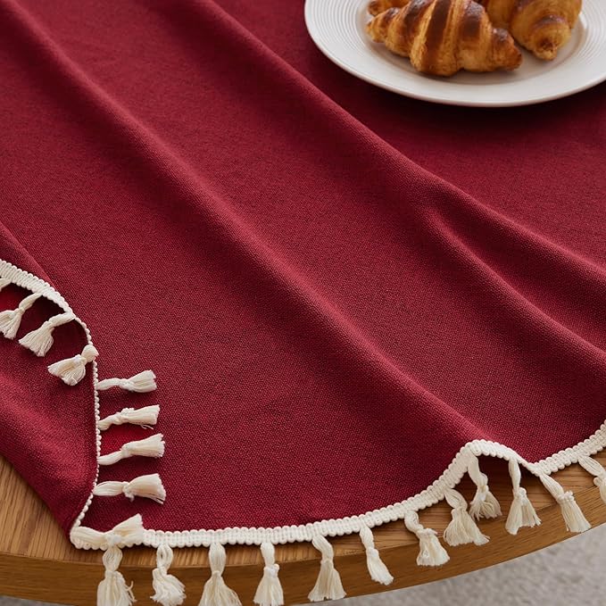 Linen Tablecloth with Tassels, Farmhouse Style Burgundy Tablecloth, Water Resistant Burlap Tablecloths for Round Table, 60 Inch Round Burgundy