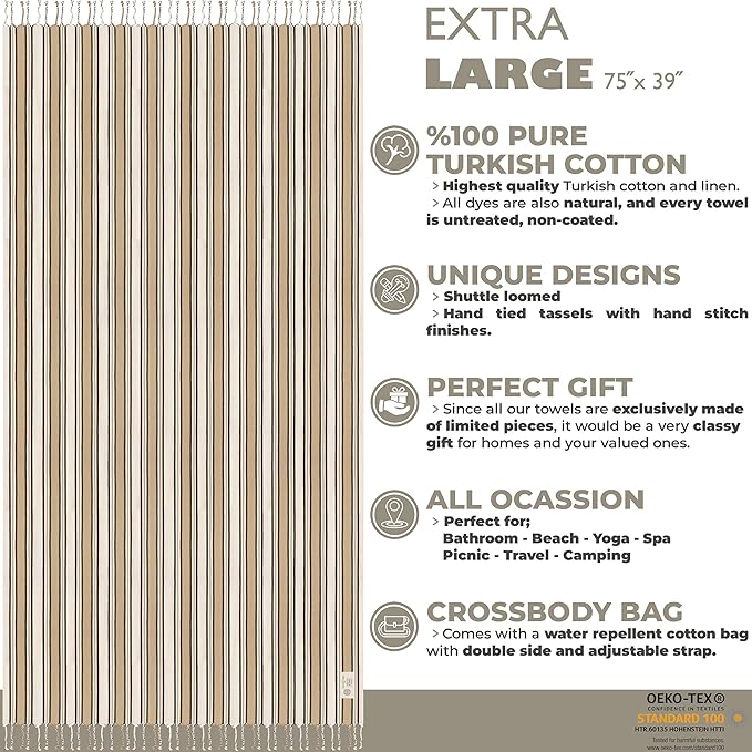 Madamelique Turkish Beach Towel with Beach Bag - 39 x 74 - Prewashed Beach Towels Oversized -%100Cotton - Quick Dry - Sand Free - Hand Loomed Turkish Bath Towels - Unique Absorbent Towel (Sand)