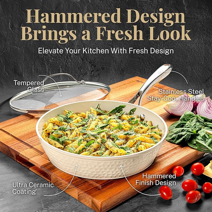 Gotham Steel Hammered 15Pcs Ceramic Cookware Set Nonstick, Induction Pots and Pans Set Non Stick with Bakeware Set & Steamer for Cooking, Non Toxic PFOA PFOS Free, Oven & Dishwasher Safe, Cream White