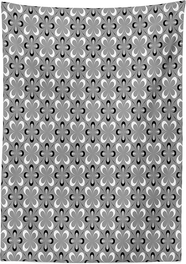Ambesonne Grey Tablecloth, Contemporary Floral Graphic Print Various Sized 4 Leaf Clovers Garden Plants, Rectangular Table Cover for Dining Room Kitchen Decor, 60" X 84", Black White