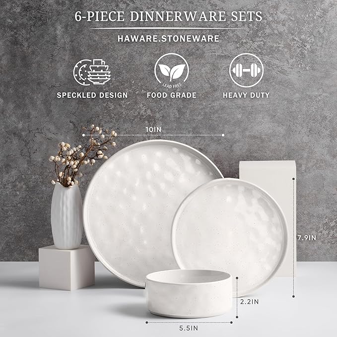 HaWare Dinnerware Sets, 6-Piece Plates and Bowls Set, Stoneware Dish Set for 2, Ceramic Dinnerware for Home Restaurant, Chip and Scratch Resistant, Microwave and Dishwasher Safe, Speckled White