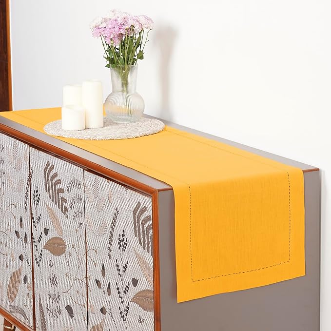 D'Moksha Homes Linen Sunflower Yellow Table Runner 120 Inches Long - 100% Pure Linen Hemstitch 14 x 120 Inch Table Runner for Dining, Winter, Holiday, New Year - Classic Hemstitch