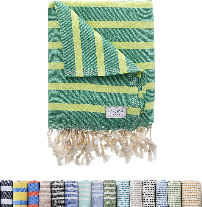 Large Turkish Beach Towel, Striped Kelly Green & Pistachio - 37'' x 67'' - Super Soft & Lightweight - Quick Dry Sand Free Travel Towels for Beach or Bath - Gifts