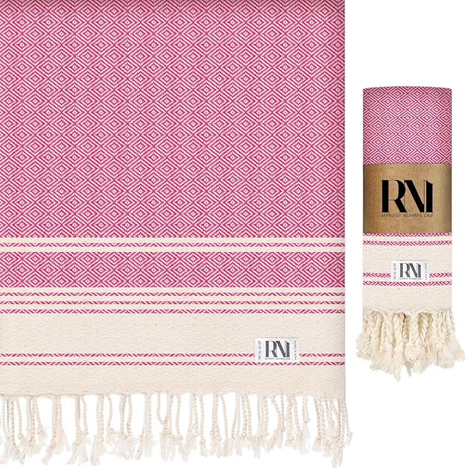 Refinery No. 1 Ottoman Diamond Weave Turkish Peshtemal Beach Bath Gym Yoga Towel 36” x 71”-Fuchsia