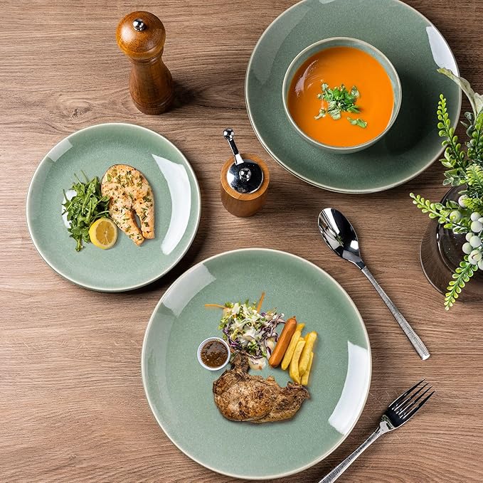 GBHOME Ceramic Dinnerware Sets for 6, 18 Pieces Stoneware Plates and Bowls Sets, Reactive Glaze Dishes -Scratch Resistant, Dishwasher&Microwave Safe-Malachite Green