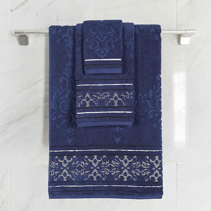 Superior Cotton 3 Piece Towel Set, Includes 1 Bath, 1 Hand, 1 Washcloth/Face Towel, Quick Dry, Home Essentials, Shower, Spa, Luxury Plush Soft Absorbent Towels, Zero Twist, Jacquard Floral, Navy Blue