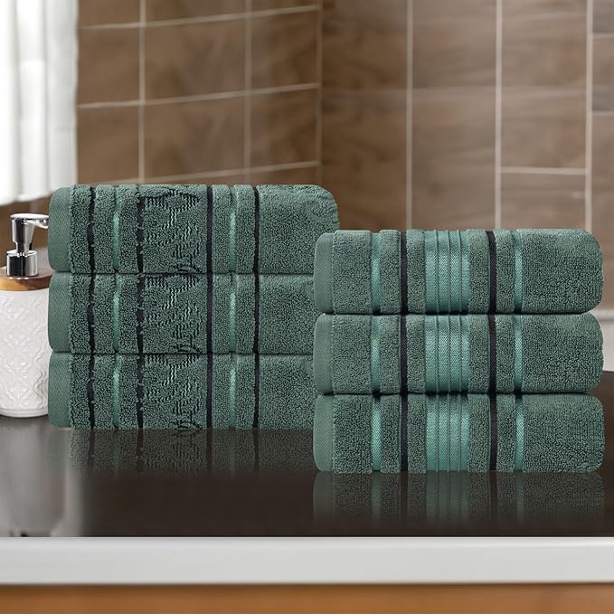 Superior Cotton Hand Towel Set, Small Towels, Plush Soft Absorbent Bathroom Basics, Home Essentials, Spa, Salon, Hotel, Kitchen, Luxury Quick Drying, Zero Twist, Floral Design, Set of 6, Forest Green