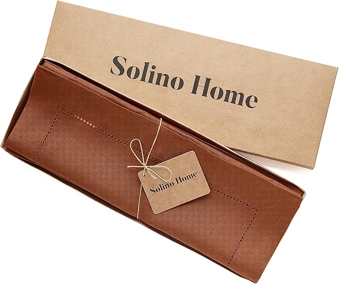 Solino Home Linen Placemats Set of 4 - Classic Hemstitch Cinnamon Placemats 14 x 19 Inch - 100% Pure Linen Table Mats for Winter