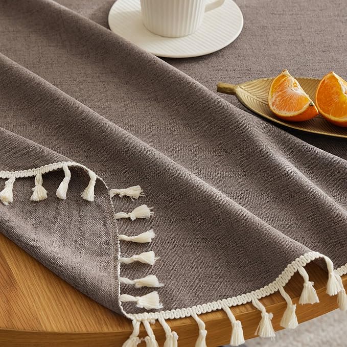 Linen Tablecloth with Tassels, Farmhouse Style Brown Tablecloth, Water Resistant Burlap Tablecloths for Round Table, 60 Inch Round Cocoa Brown