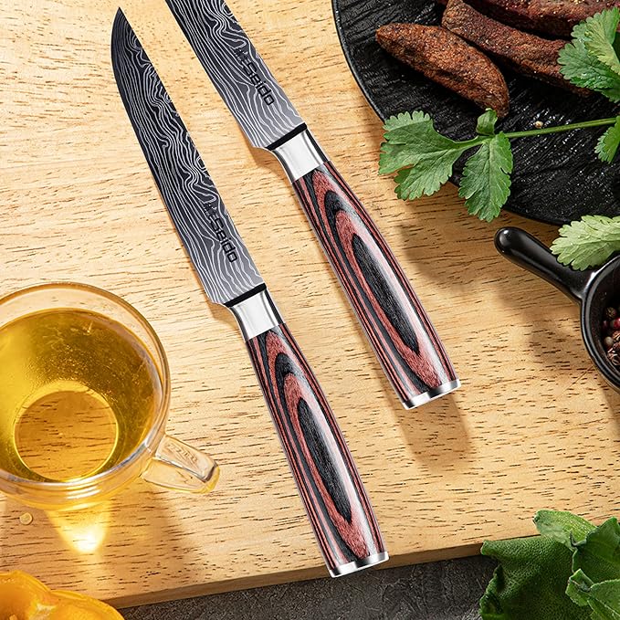 Seido Knives 5-Piece Straight-Edge Steak Knives Set - Full Tang with Ergonomic Pakkawood Handles, Stainless Steel Blades with Damascus Etching