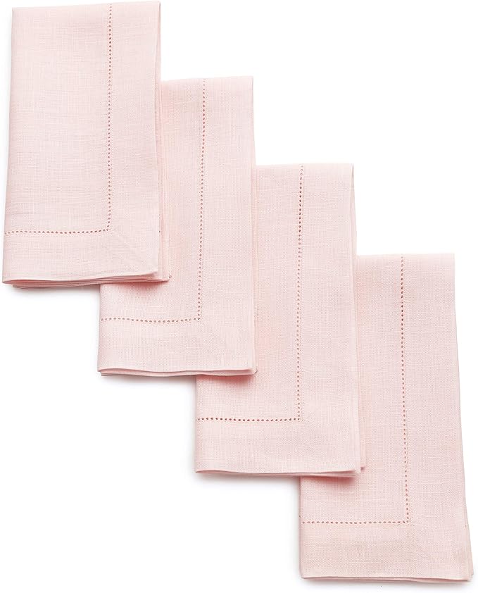 Solino Home Pink Linen Napkins Set of 4-100% Pure Linen Hemstitch Dinner Napkins 20 x 20 Inch for Valentines - Classic Hemstitch