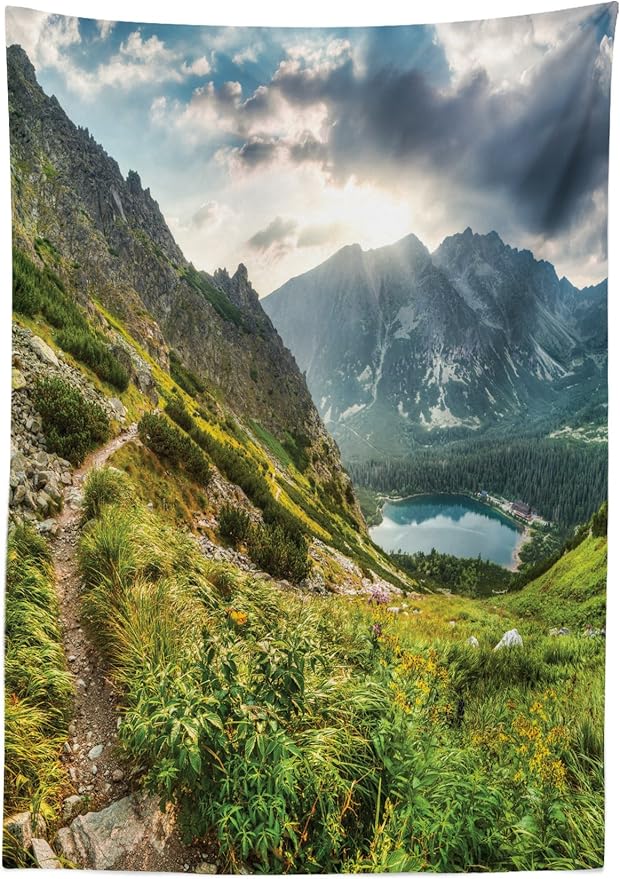 Ambesonne Mountain Tablecloth, Mountain by The Lake with Dark Cloudy Sky Spring Dream Spot on Earth, Rectangular Table Cover for Dining Room Kitchen Decor, 52" X 70", White Green