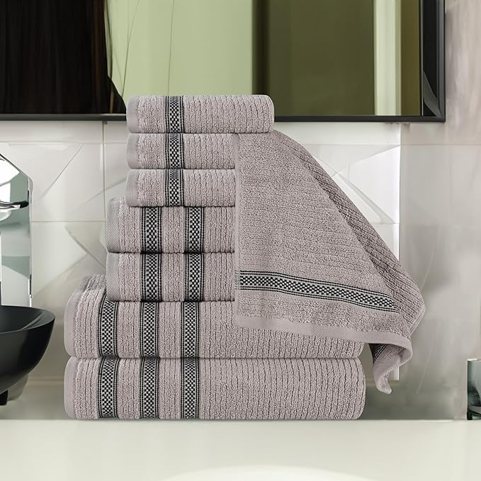 Superior Cotton 8-Piece Towel Set, Zero Twist, Ribbed Geometric, Bathroom Essentials, Shower, Spa, Luxury Plush Soft Absorbent Towels, Includes 2 Bath, 2 Hand, 4 Washcloth/Face Towels, Grey