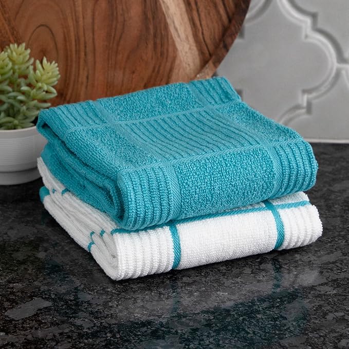 T-fal Solid & Checked Parquet Kitchen Towels: Highly Absorbent, Super Soft Long Lasting - 100% Cotton, 16"x26" Dish Towels for Cleaning & Drying Dishes, Pans, Glassware, or Countertops, 2-Pack, Breeze