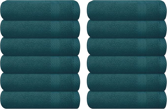 GLAMBURG Ultra Soft 12-Piece Washcloths Set 13x13-100% Ringspun Cotton - Durable & Highly Absorbent Face Towels - Ideal for use in Bathroom, Kitchen, Gym, Spa & General Cleaning - Teal