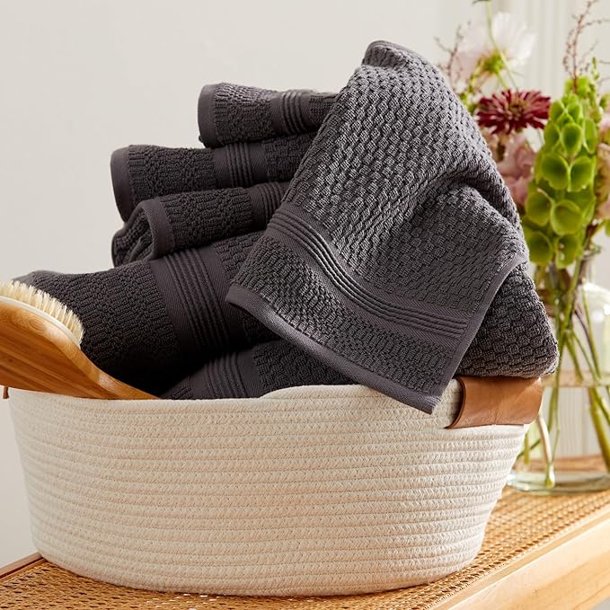 Market & Place 100% Cotton Waffle Textured Bath Towels Set of 4 | Super Soft Quick Dry Bath Towels | Decorative Towels for Bathroom | Zoey Collection (Charcoal)