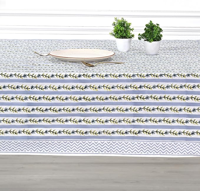 Ridhi Dolphin Gray Hand Block Print Cotton Rectangle Tablecloth 120" x 60" inches Reusable Table Cover Decorative Everyday Use for Dining, Farmhouse, Home, Party, Festive, Wedding, Fall