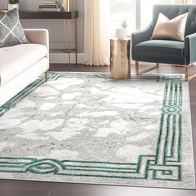 Well Woven Lezlee Abstract Modern 5'3" x 7'3" Area Rug - Emerald Green Marble Border - for Living Room, Dining Room, Bedroom