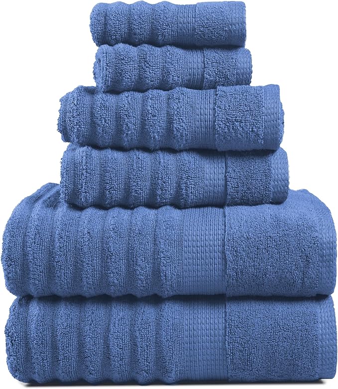 LANE LINEN Bath Towels Set - Luxury 100% Cotton Towels for Bathroom, Hotel & Spa - Zero Twist, Soft, Absorbent, Textured Bathroom Towel Set - Includes 2 Bath, 2 Hand & 2 Washcloths - Cerulean Blue