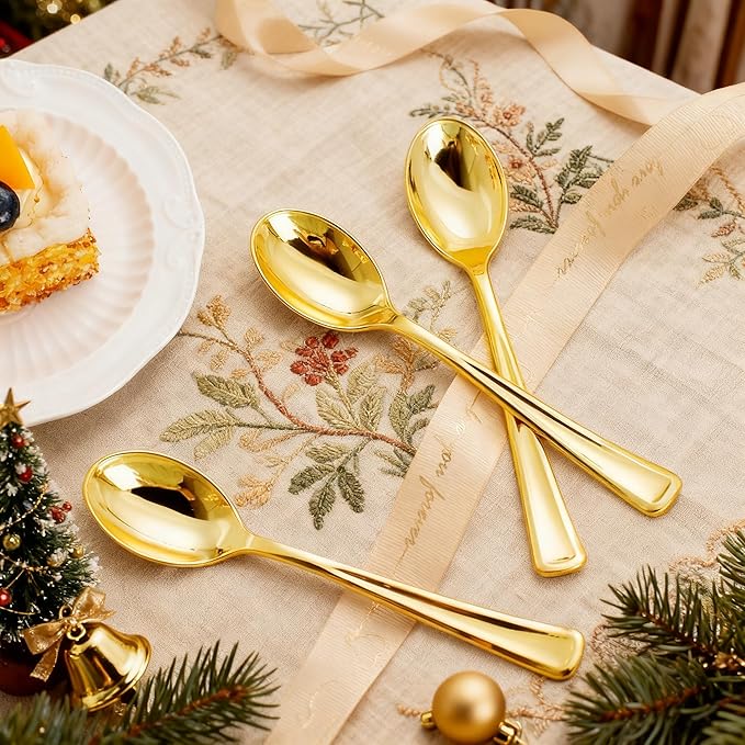 WDF 100 Pack Gold Plastic Spoons Disposable - Durable Heavy Duty 6.9 Inch Gold Spoons, Heat Resistant Modern Disposable Spoons Perfect for Christmas Parties, Wedding, Banquets