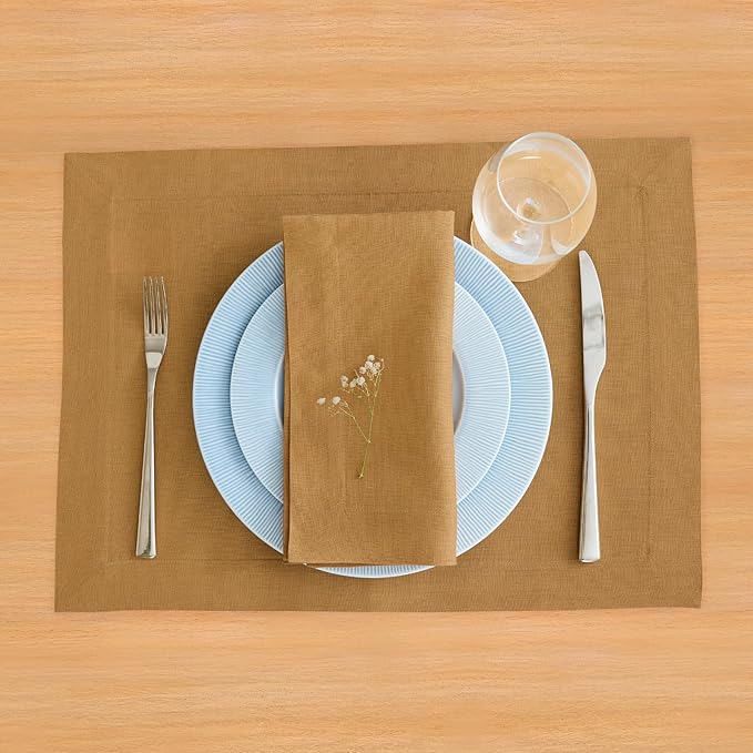 Solino Home Linen Placemats Set of 4 - Caramel Placemats 14 x 19 Inch - 100% Pure Linen Table Place Mats - Fete