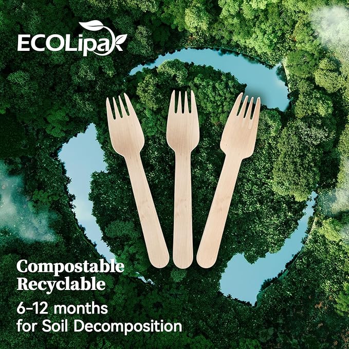 ECOLipak 300 Count Wooden Forks Disposable, Wooden Disposable Compostable Forks for Eating, Party, Camping, Traveling, Family Dinners