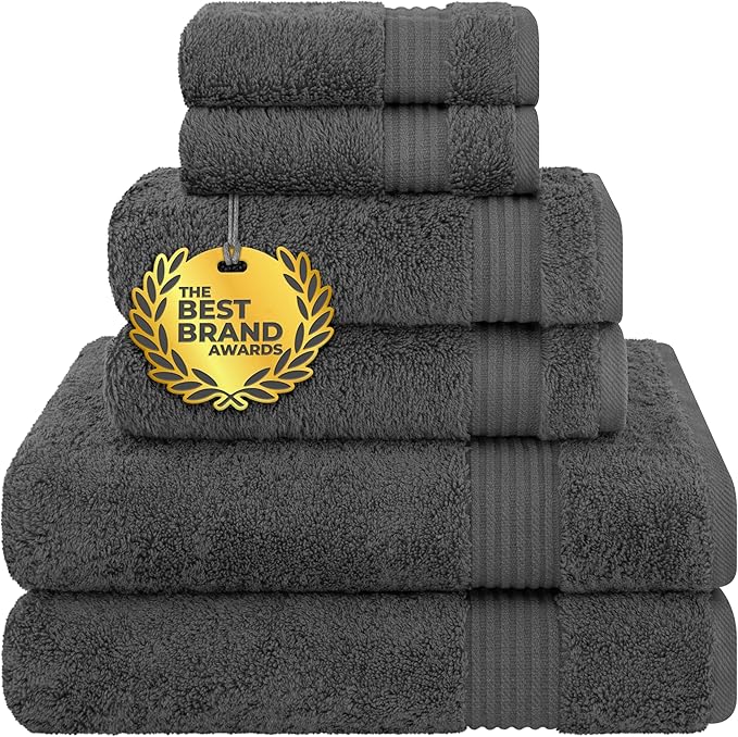 Cotton Paradise 6 Piece Towel Set 100% Cotton Soft Absorbent Turkish Towels for Bathroom 2 Bath Towels 2 Hand Towels 2 Washcloths, Dark Gray Towel Set