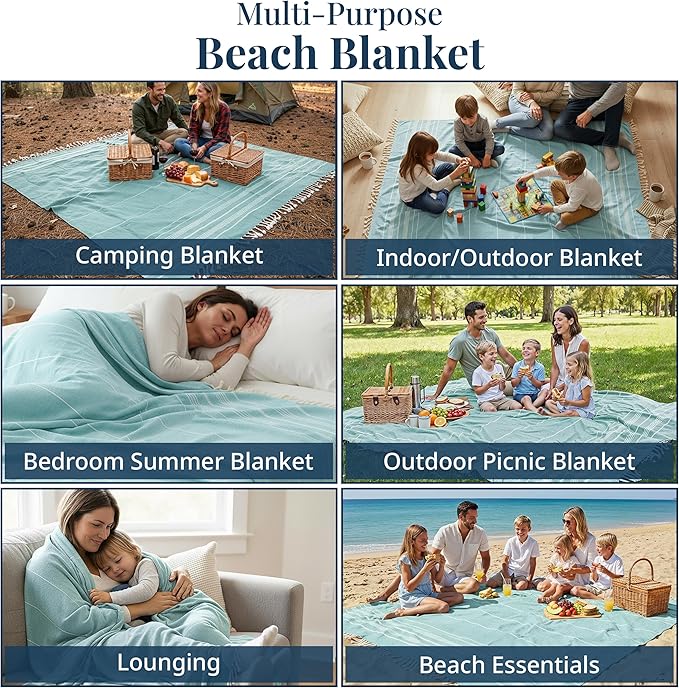 LANE LINEN Large Beach Blanket – Oversize Beach Towel, Beach Games for Family, Compact Quick-Dry Towel (82"x82"), Perfect for Lounging, Resort Stays, & Coastal Escapes - Aqua