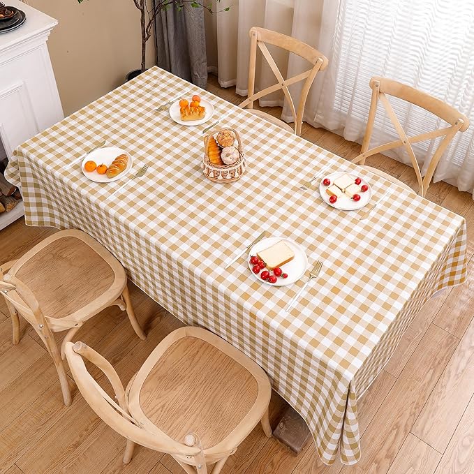 Heavy Duty Vinyl Tablecloth with Flannel Backing Waterproof Oil-Proof Plastic Table Cloth Stain-Resistant Wipeable Rectangle or Square Table Cover for Indoor and Outdoor (Khaki Checkered, 54x54 Inch)