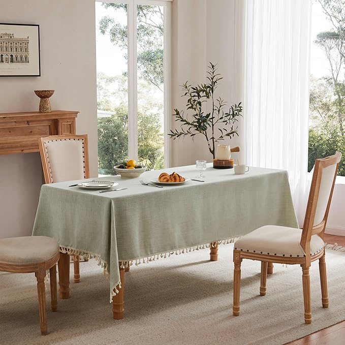 Linen Tablecloth with Tassels, Farmhouse Style Green Tablecloth, Water Resistant Burlap Tablecloths for Square Table, 60x60 Inch Green