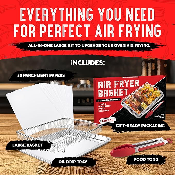 Shizzo Air Fryer Basket for Oven– Large Stainless Steel Air Fryer Tray and Pan Set with 50 Parchment Papers & Food Tongs – Oven Air Fryer Basket for Baking, Grilling, Crisping - Kitchen Gift For Mom