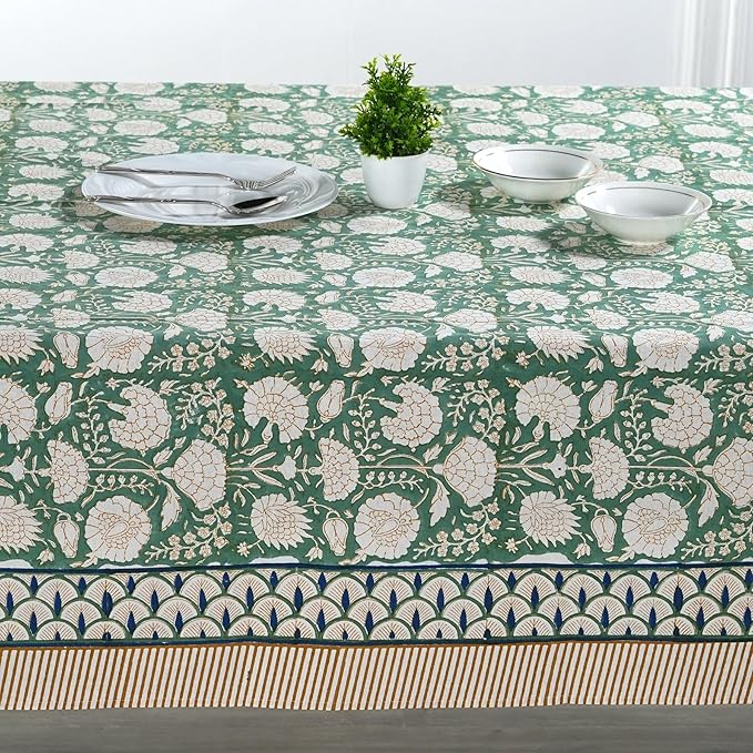 Ridhi Turquoise Moss Green Hand Block Print Cotton Rectangle Tablecloth 90" x 60" inches Reusable Table Cover Decorative Everyday Use for Dining, Farmhouse, Home, Party, Festive, Wedding, Fall