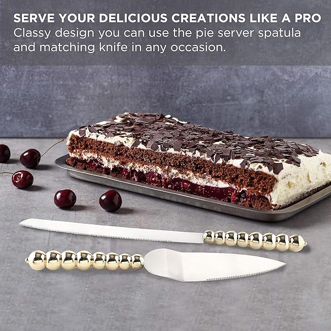 Homi styles wedding cake knife and server set | Elegant Gold Color With Beaded Handles & Premium 420 Stainless Steel Blades | Cake & Pie Serving Set For Wedding Cake,cake cutter Gift