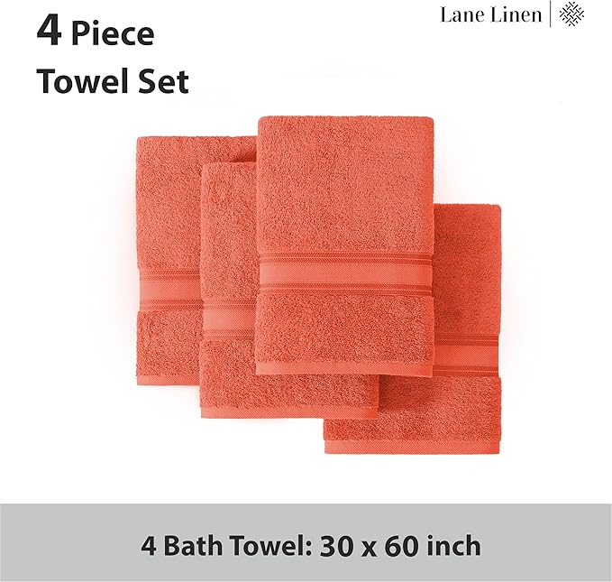LANE LINEN 100% Cotton Zero Twist, Bath Towels (30"x60") - 4 Pieces - Large Towels for Bathroom - Quick Drying, Soft & Absorbent Large Shower Towel Set - Used in Gym, Hotel, Spa, Home - Living Coral