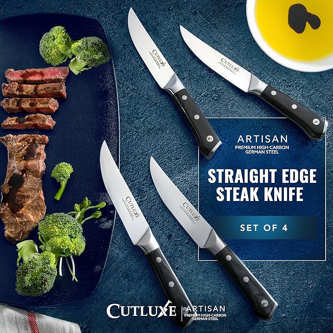 Cutluxe Steak Knives Set of 4, Straight Edge Steak Knife Set – Forged High Carbon German Steel, Full Tang, Ergonomic Handle Design – Artisan Series