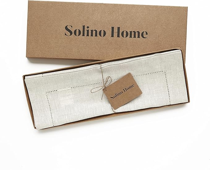 Solino Home Linen Placemats Set of 4 - Classic Hemstitch Light Natural Placemats 14 x 19 Inch - 100% Pure Linen Table Mats for Holiday, New Year