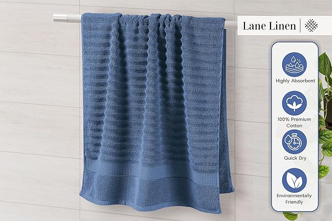 LANE LINEN Bathroom Towel Set - Premium Quality 100% Cotton Bath Towels Set of 6 Large Size - Quick Dry, Absorbent Hotel Towels for Bathroom Luxury - Includes 2 Bath, 2 Hand & 2 Wash Cloths - Denim