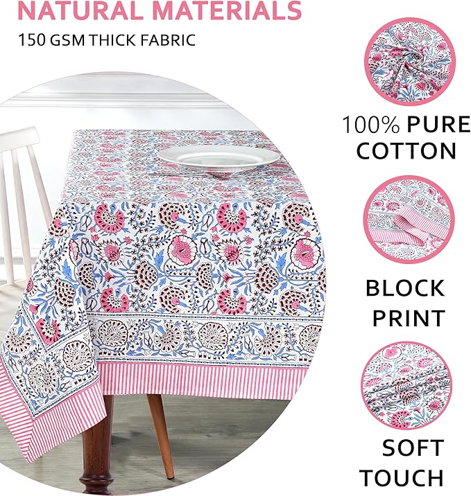 Ridhi Pigeon Blue Flamingo Pink Hand Block Print Cotton Rectangle Tablecloth 160" x 72" inches Reusable Table Cover Decorative Everyday Use for Dining, Farmhouse, Home, Party, Festive, Wedding, Fall