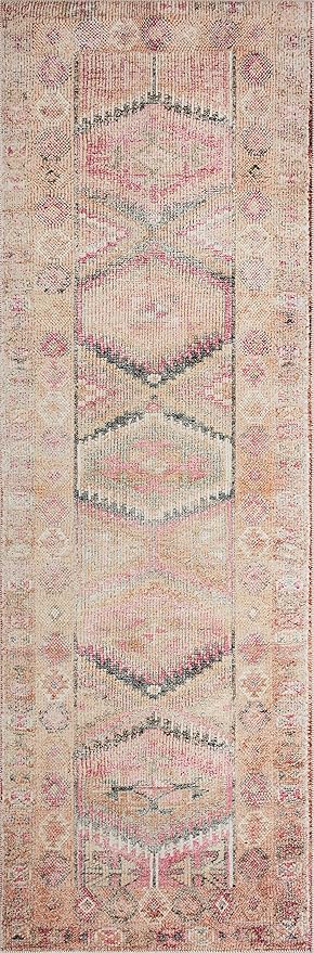 Loloi Layla Collection LAY-17 Pink/Lagoon 5'-0" x 7'-6" .13" Thick Area Rug, Soft, Durable, Vintage Inspired, Distressed, Low Pile, Non-Shedding, Easy Clean, Printed, Living Room Rug