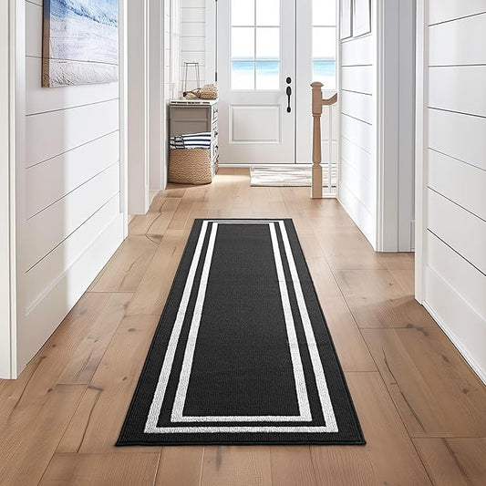 Nautica – Runner Rug | Indoor Runners for Hallways and Entry Rugs| Non-Slip and Non-Skid Entry and Kitchen Door Mat| Machine Washable Entryway Carpet Rugs | 2'6" x 12' | Double Border Black
