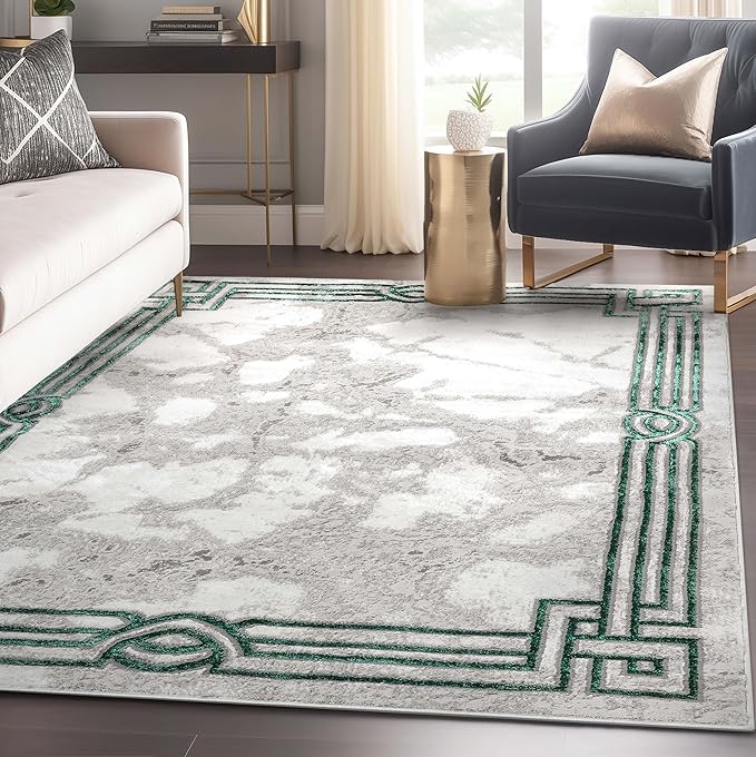 Well Woven Lezlee Abstract Modern 6'7" x 9'3" Area Rug - Emerald Green Marble Border - for Living Room, Dining Room, Bedroom
