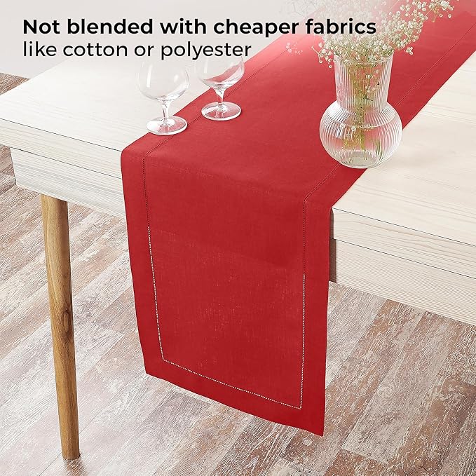 D'Moksha Homes Linen Bright Red Table Runner 108 Inches Long - 100% Pure Linen 14 x 108 Inch Table Runner for Winter, Holiday, New Year - Classic Hemstitch