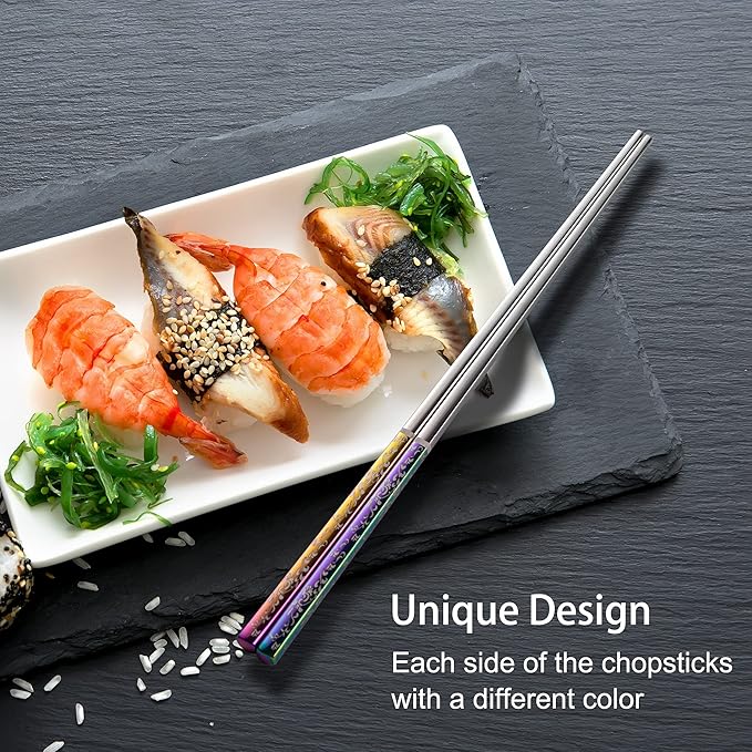 Metal Chopsticks Reusable Dazzling Rainbow Stainless Steel Chopsticks Titanium Plated Dishwasher Safe Fancy Laser Engraved Korean Japanese Chop Sticks Multicolor 2 Pairs Gift Set