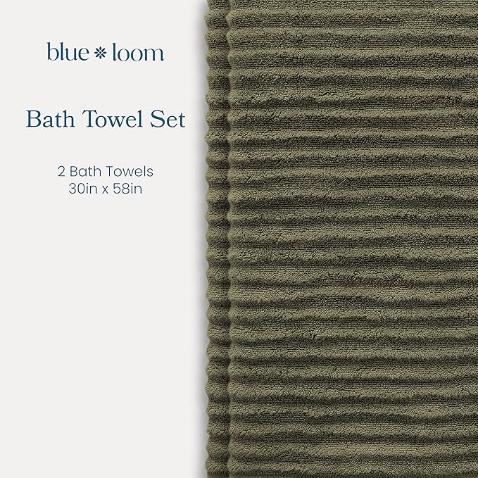 Blue Loom Ribbed Bath Towels Set, 100% Cotton 600 GSM, Soft Absorbent Durable Quick Drying 2 Bath Towels for Bathroom - Mason Set of 2 Moss Green (58" x 30" Inch)