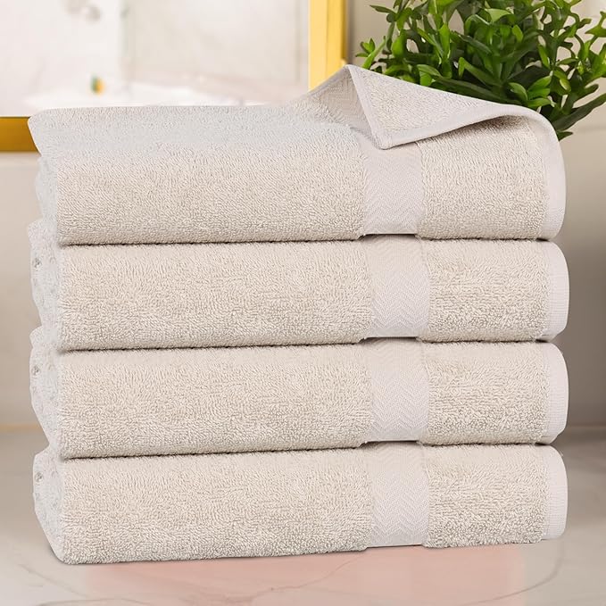 Superior 4-Piece Cotton Bath Towel Set, Towels for Adults, Kids, Fast Drying Body Towels, Shower, Bath, Pool, Guest/Master Bathroom Essentials, Dorm, Home, Apartment, Franklin Collection, Stone