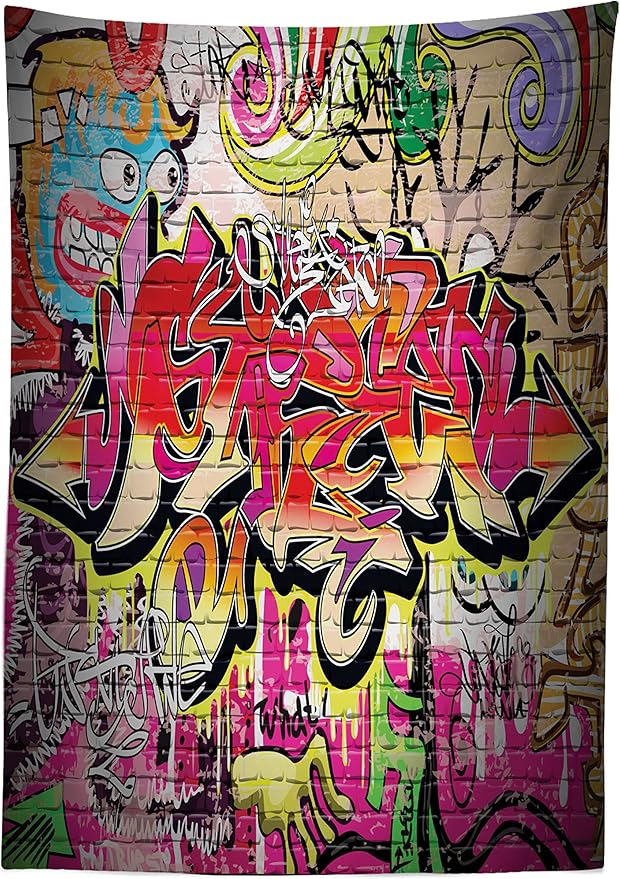 Ambesonne Brick Wall Tablecloth, Graffiti on Wall Urban Street Art with Spray Paint Tagger Underground Theme, Rectangular Table Cover for Dining Room Kitchen Decor, 60" X 84", Soft Red